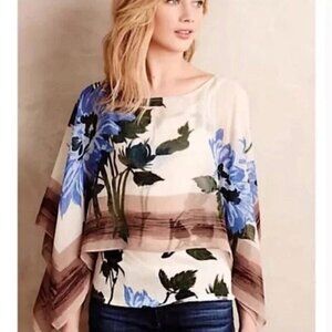 ANTHROPOLOGIE Tiny Abjure Blue Ivory Floral Sheer Overlay Poncho Top Size Small